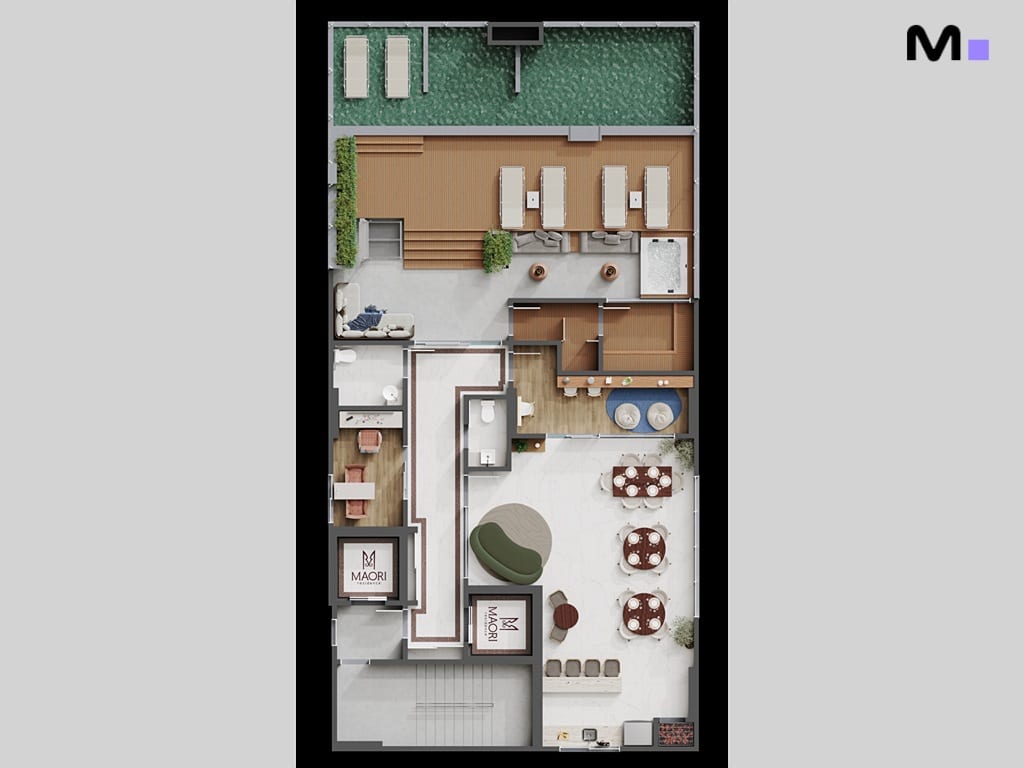 Planta baixa da Maori Home Residence com piscina, áreas de estar e jantar. Design moderno.