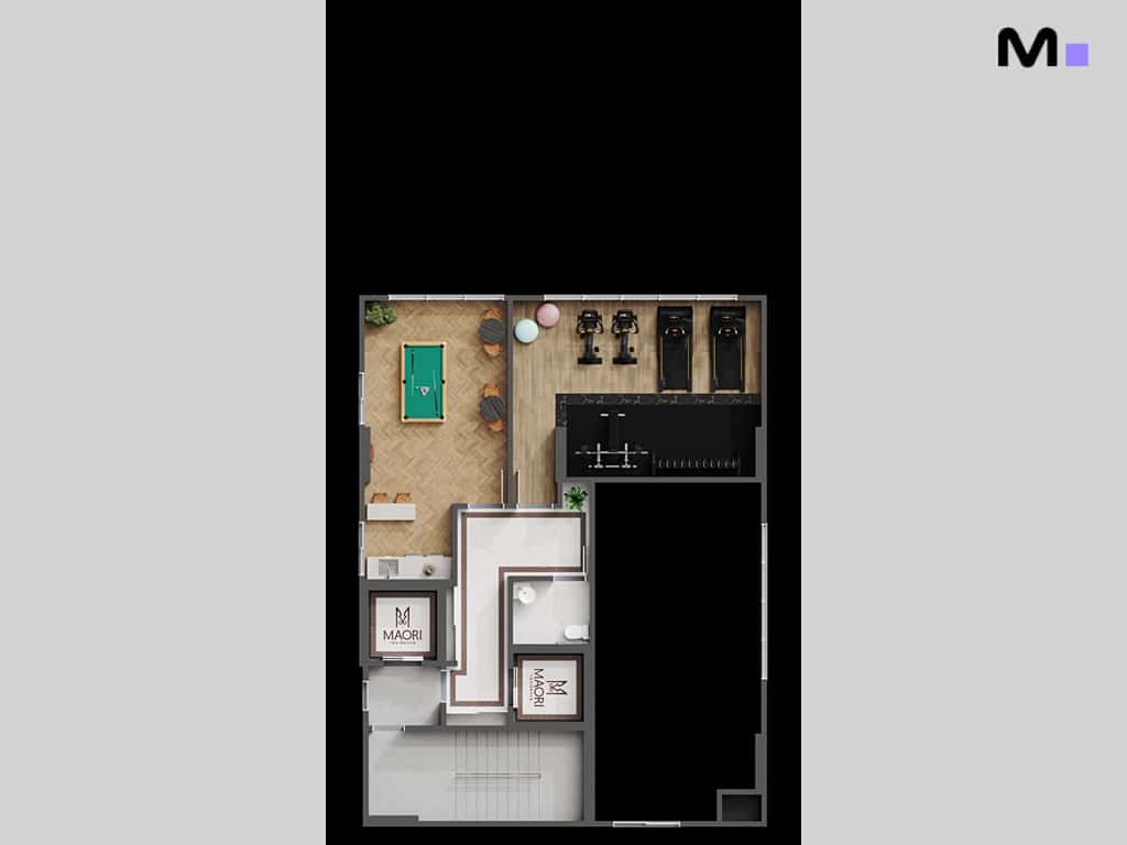 Planta baixa da residência Maori Home com área de jogos, academia e banheiro.