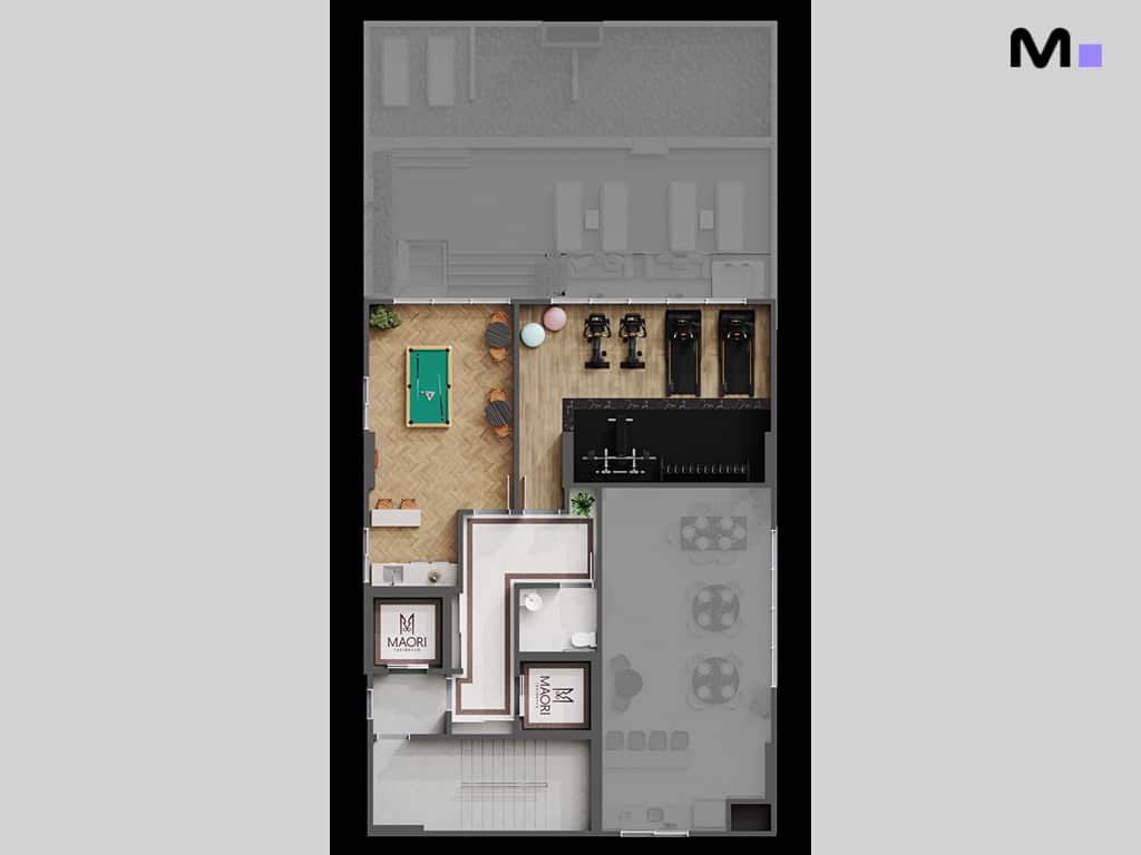 Planta baixa da Maori Home Residence com área de jogos, academia e banheiros.