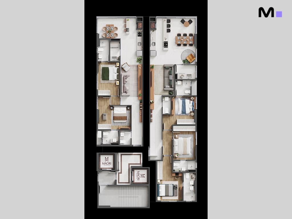 Planta baixa do Maori Home Residence com layout moderno e elegante. Design de interiores detalhado.