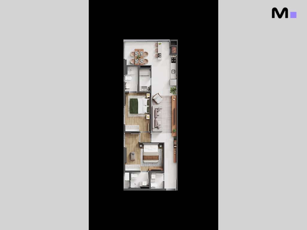 Planta baixa do Maori Home Residence com dois quartos e design moderno.