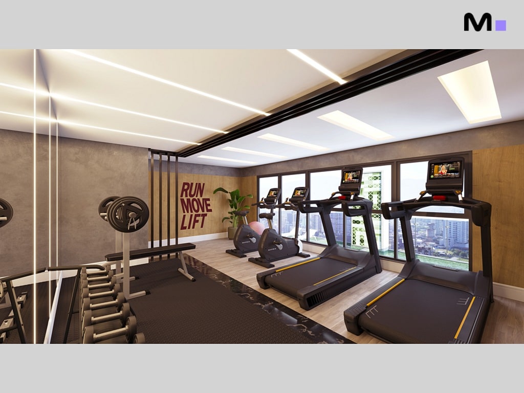 Academia residencial moderna com esteira, bicicleta ergométrica e equipamentos de musculação.