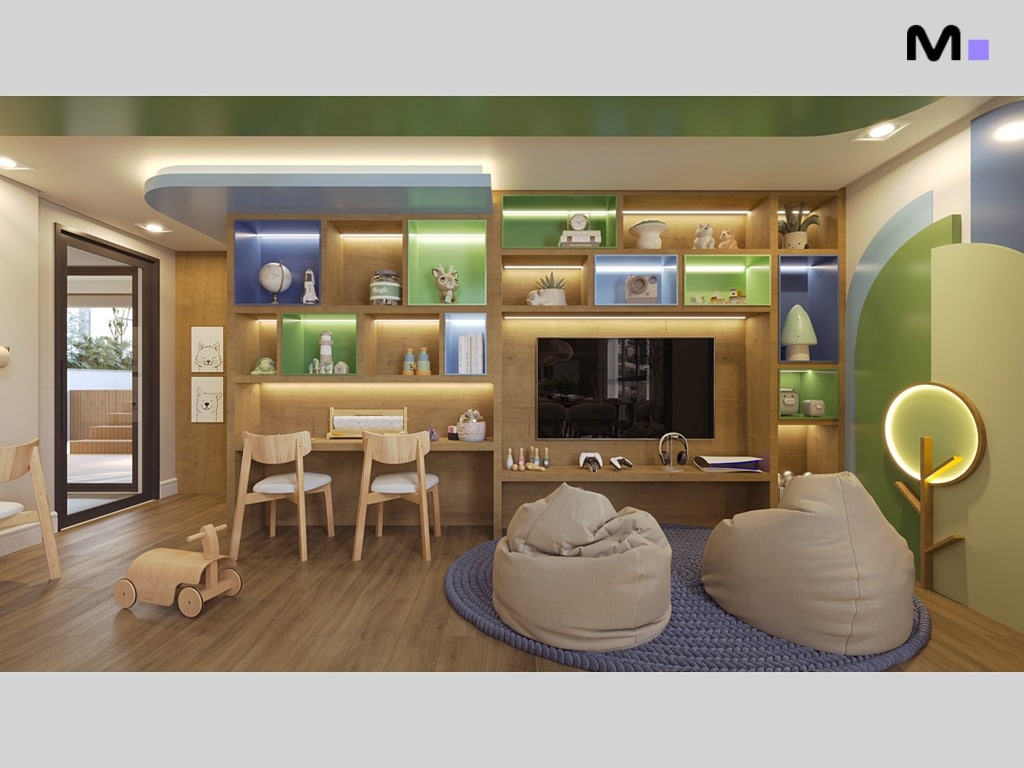 Quarto infantil moderno com estantes de madeira, TV e pufes confortáveis. Design Maori Home Residence.