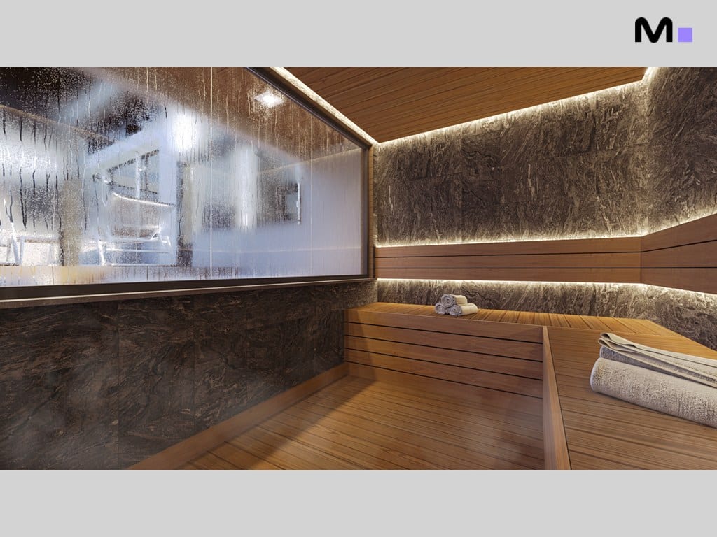 Sauna moderna com assentos de madeira e parede de pedra escura. Design elegante para Maori Home Residence.