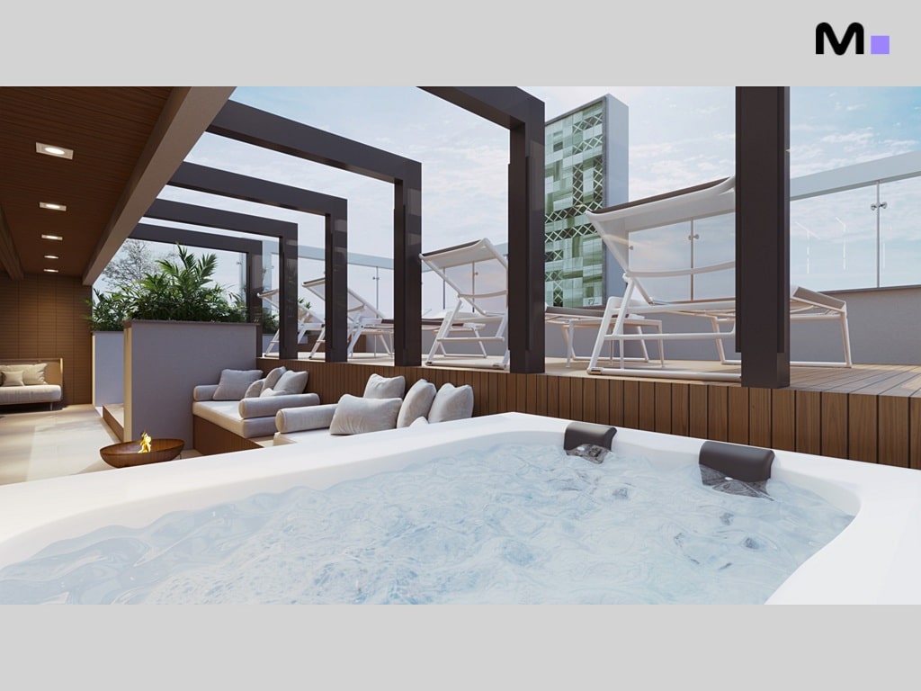 Jacuzzi moderno em terraço com espreguiçadeiras e vista urbana, ideal para o lar Maori.