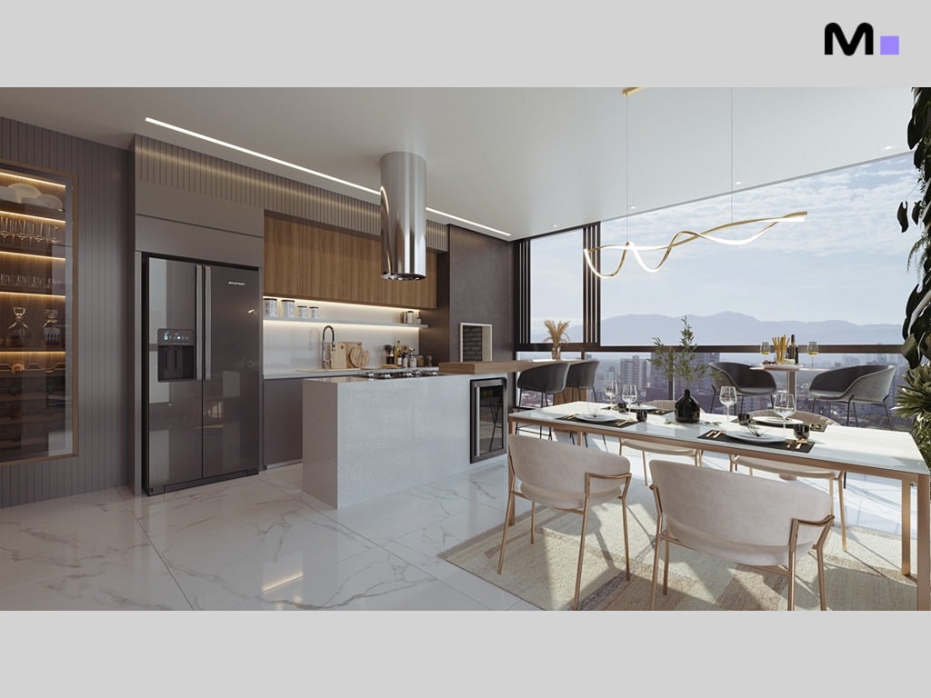 Cozinha moderna e elegante com ilha central, área de jantar e vista panorâmica. Maori Home Residence.