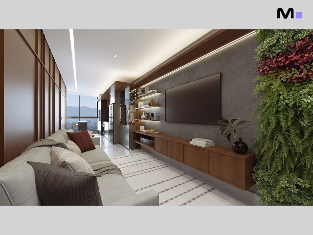 Sala de estar moderna com sofá cinza, TV e parede verde vertical. Maori Home Residence.