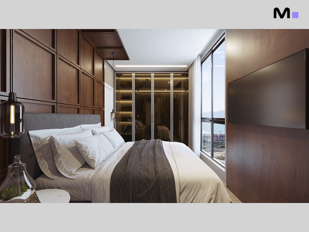 Quarto moderno com armário embutido e cama elegante. Maori Home Residence.