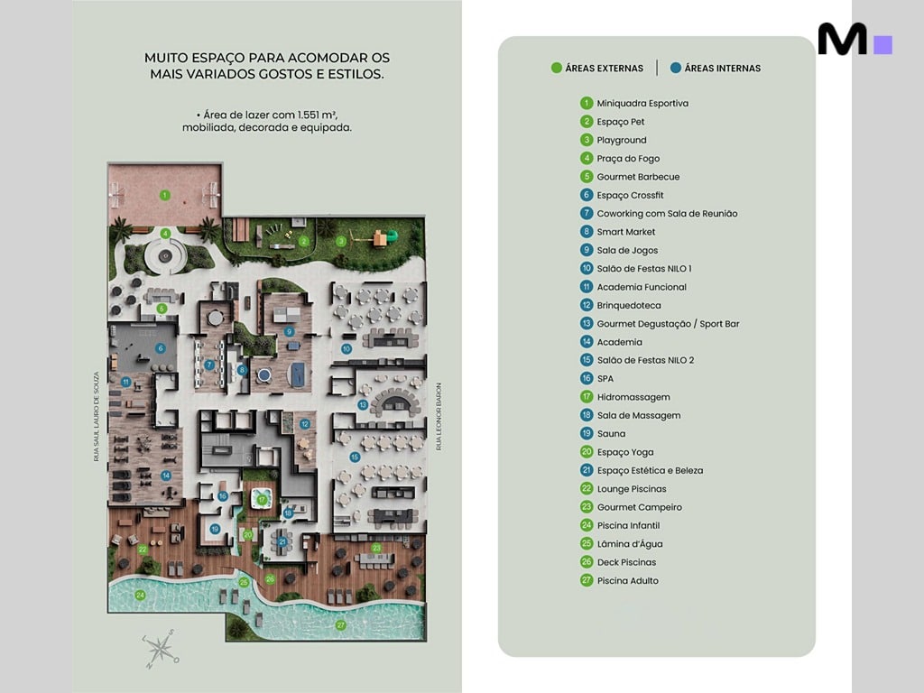 Planta baixa do Nilo Residence com áreas de lazer internas e externas mobiliadas e decoradas.