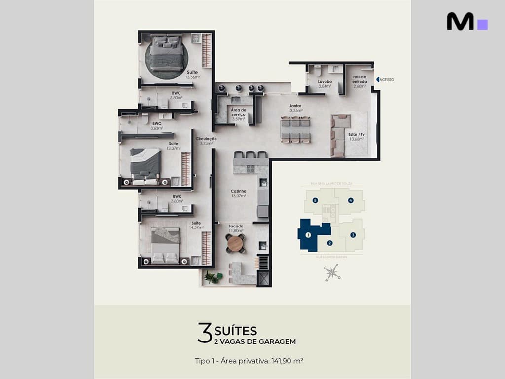 Planta baixa do apartamento Nilo Residence com 3 suítes e 2 vagas de garagem.