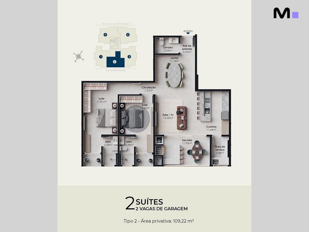 Planta baixa do Nilo Residence com duas suítes e duas vagas de garagem.