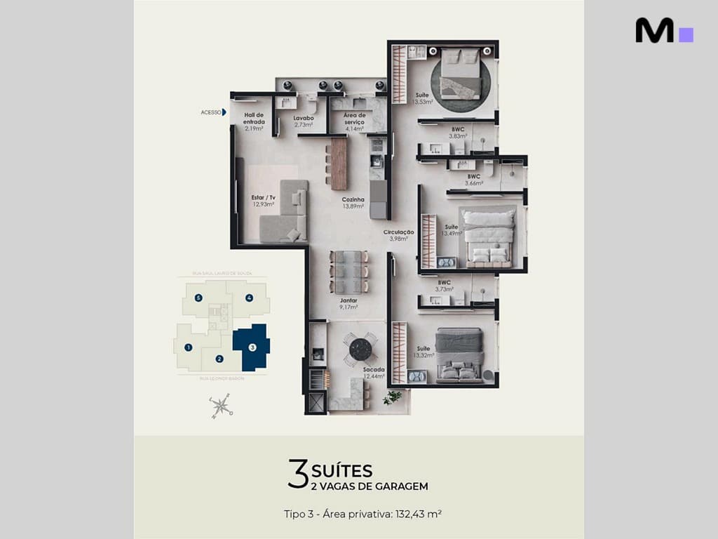 Planta baixa do apartamento Nilo Residence com 3 suítes e 2 vagas de garagem.