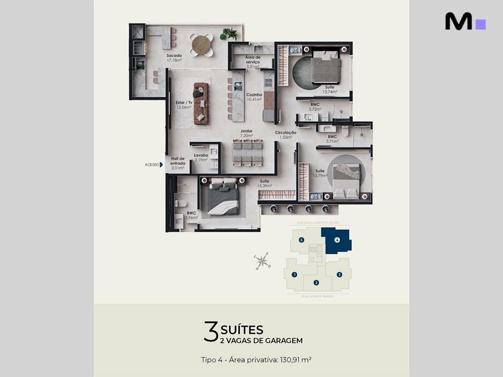 Planta baixa do Nilo Residence com 3 suítes e 2 vagas de garagem (130,91 m²).