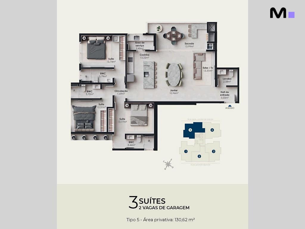 Planta do apartamento Nilo Residence com 3 suítes e 2 vagas de garagem.