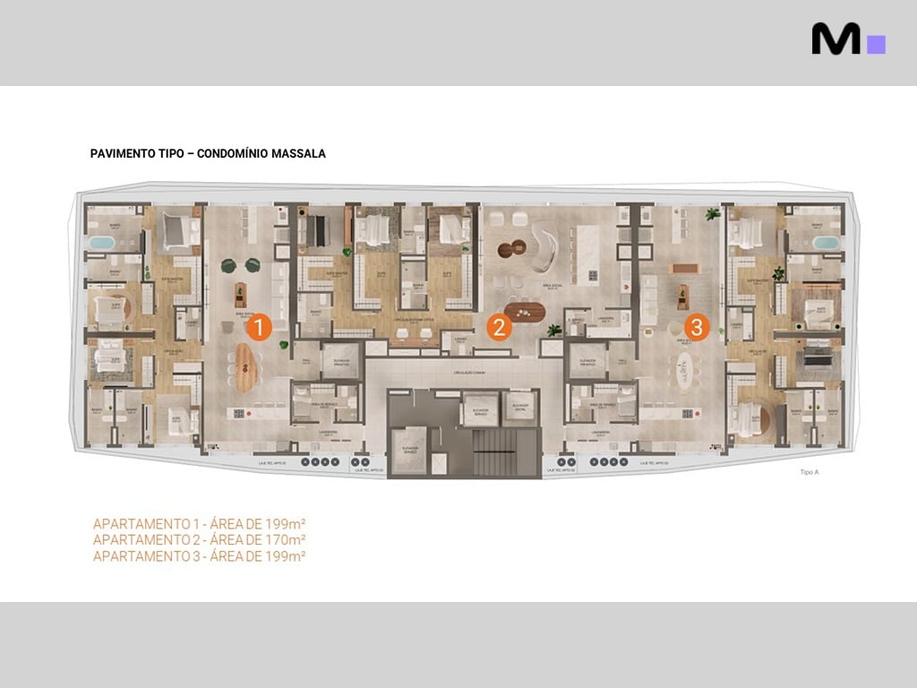 Planta baixa do Lagom Perequê Residence, mostrando apartamentos de 199m² e 170m².