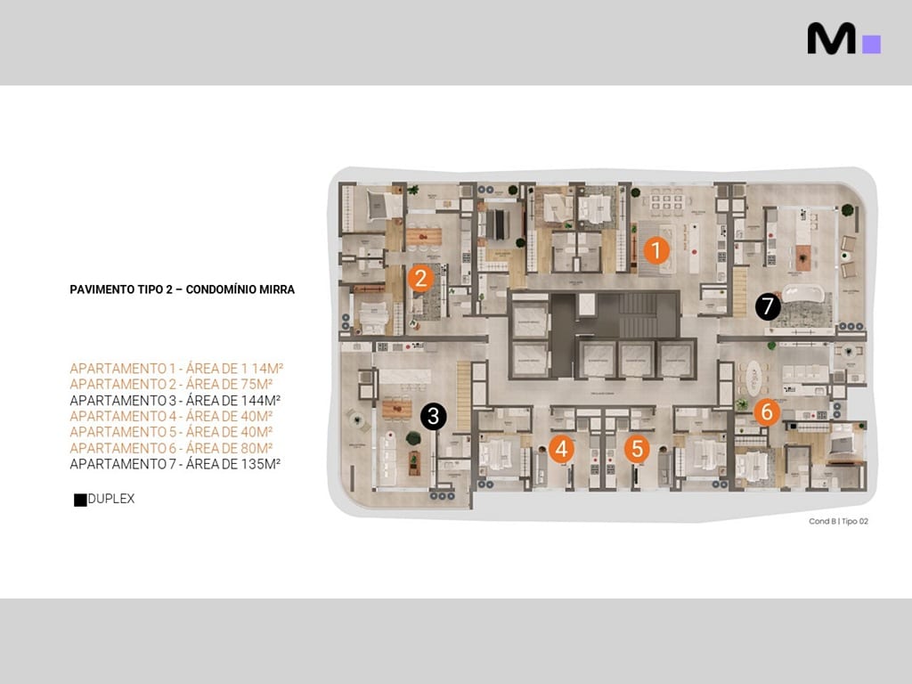 Planta baixa do Condomínio Mirra, Pavimento Tipo 2. Apartamentos de 40m² a 144m². Lagom Perequê Residence.