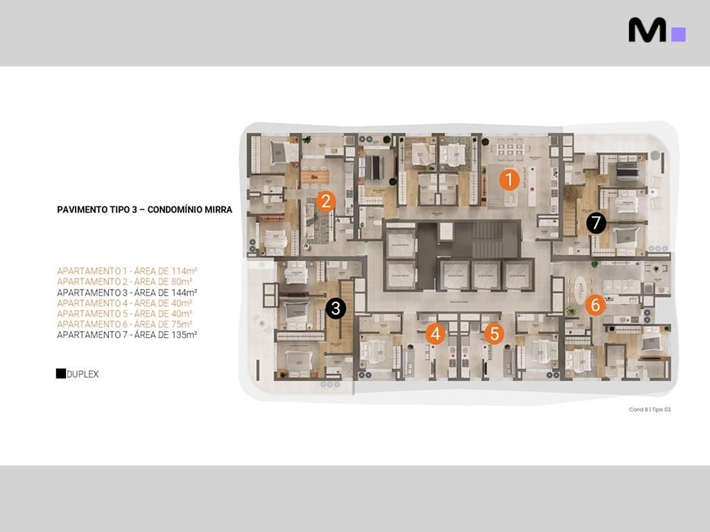 Planta baixa do Lagom Perequê Residence, pavimento tipo 3, condomínio Mirra. Apartamentos de 40m² a 144m².