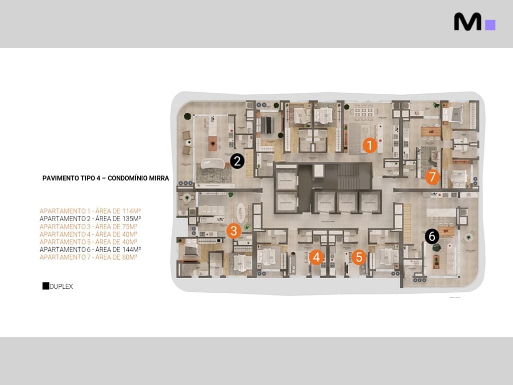 Planta baixa do apartamento Lagom Perequê Residence, mostrando a disposição dos cômodos e áreas de cada unidade.