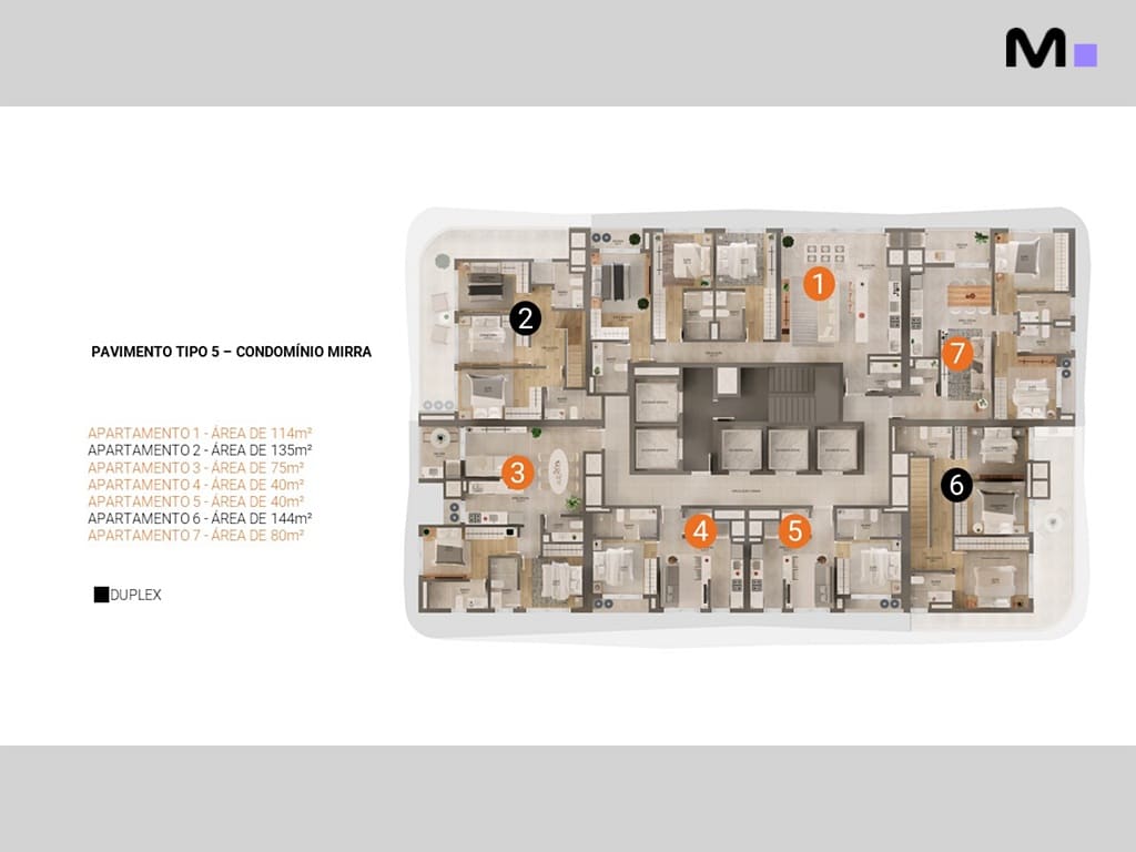 Planta baixa do Lagom Perequê Residence, pavimento tipo 5, com apartamentos de diferentes tamanhos.