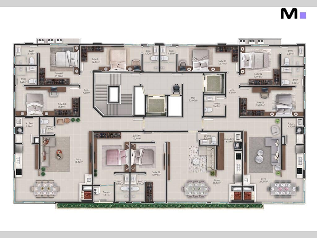 Planta baixa do Palazzo Reale, mostrando a disposição de suítes, livings e áreas de serviço.