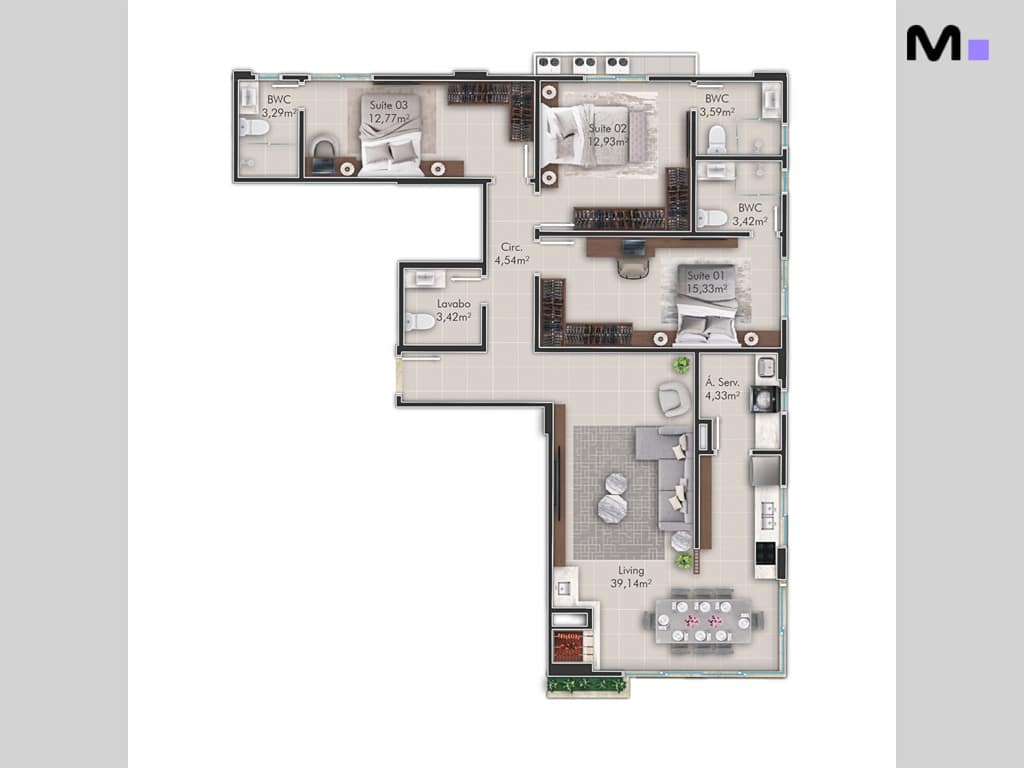 Planta baixa de apartamento com três suítes, sala de estar, jantar e área de serviço. Layout detalhado de "Rascunho automático".