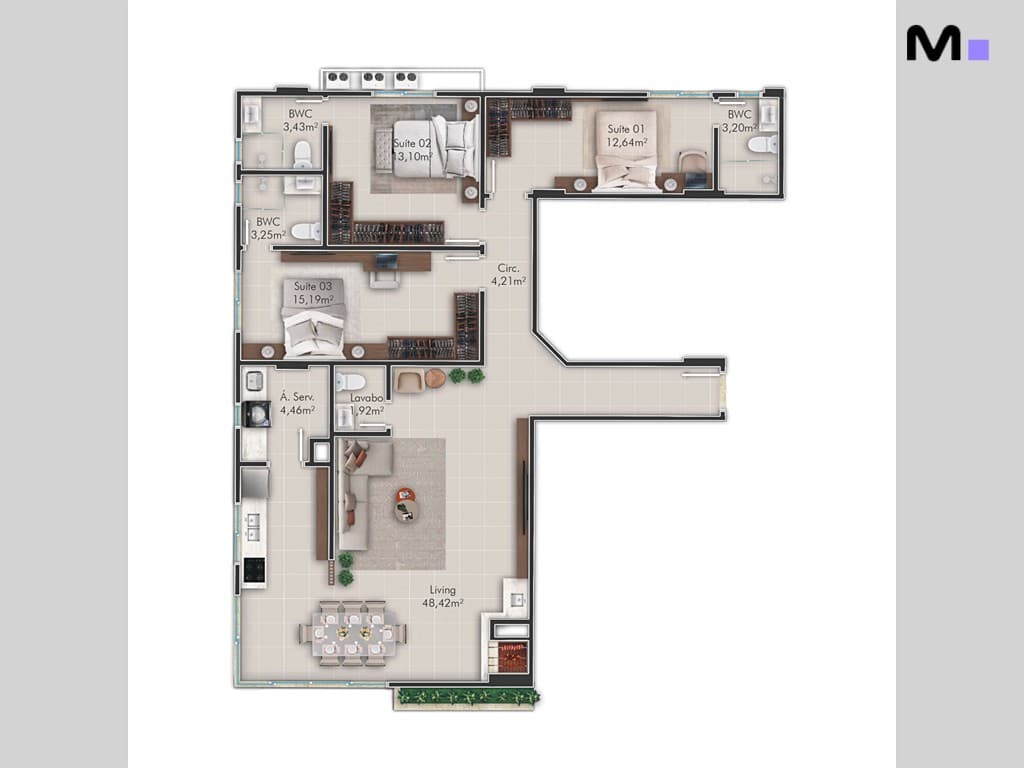 Planta baixa de apartamento com suítes, sala de estar e área de serviço. Layout detalhado de "Rascunho automático".
