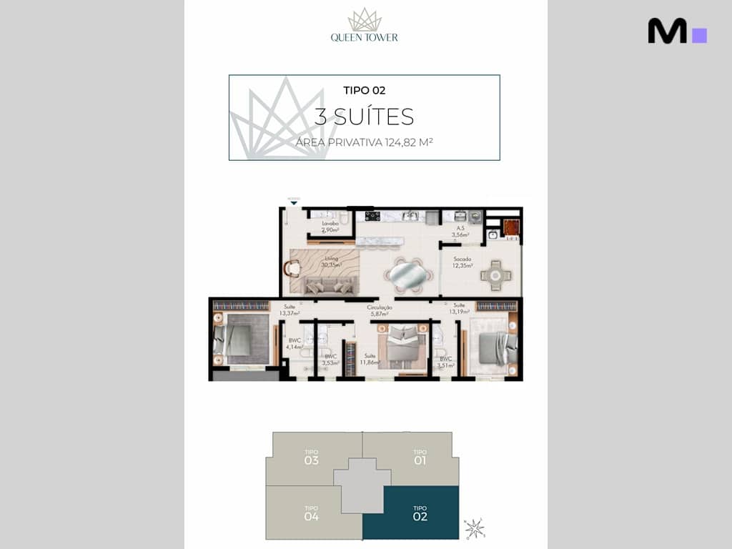 Planta baixa do apartamento de 3 suítes do Queen Tower Residence, com 124,82 m².
