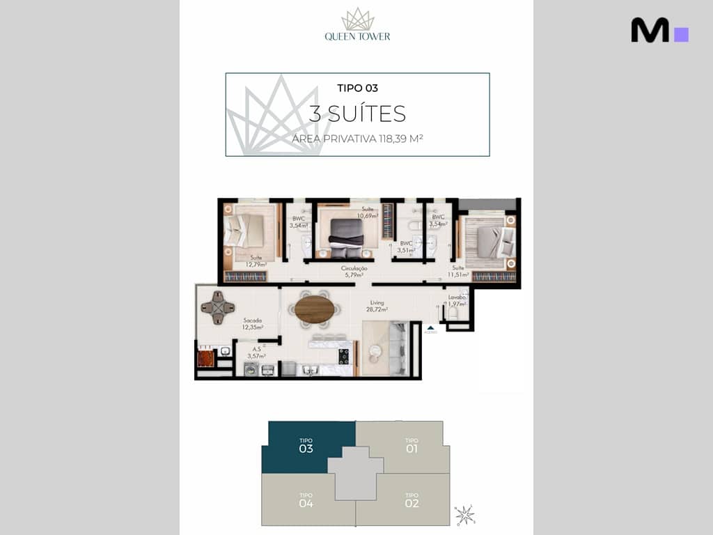 Planta do apartamento de 3 suítes no Queen Tower Residence, com medidas e layout detalhado.