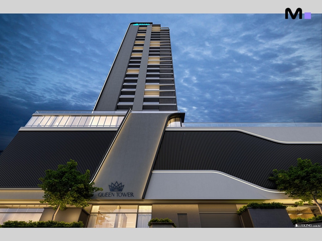 Queen Tower Residence: Vista externa do edifício moderno e alto.