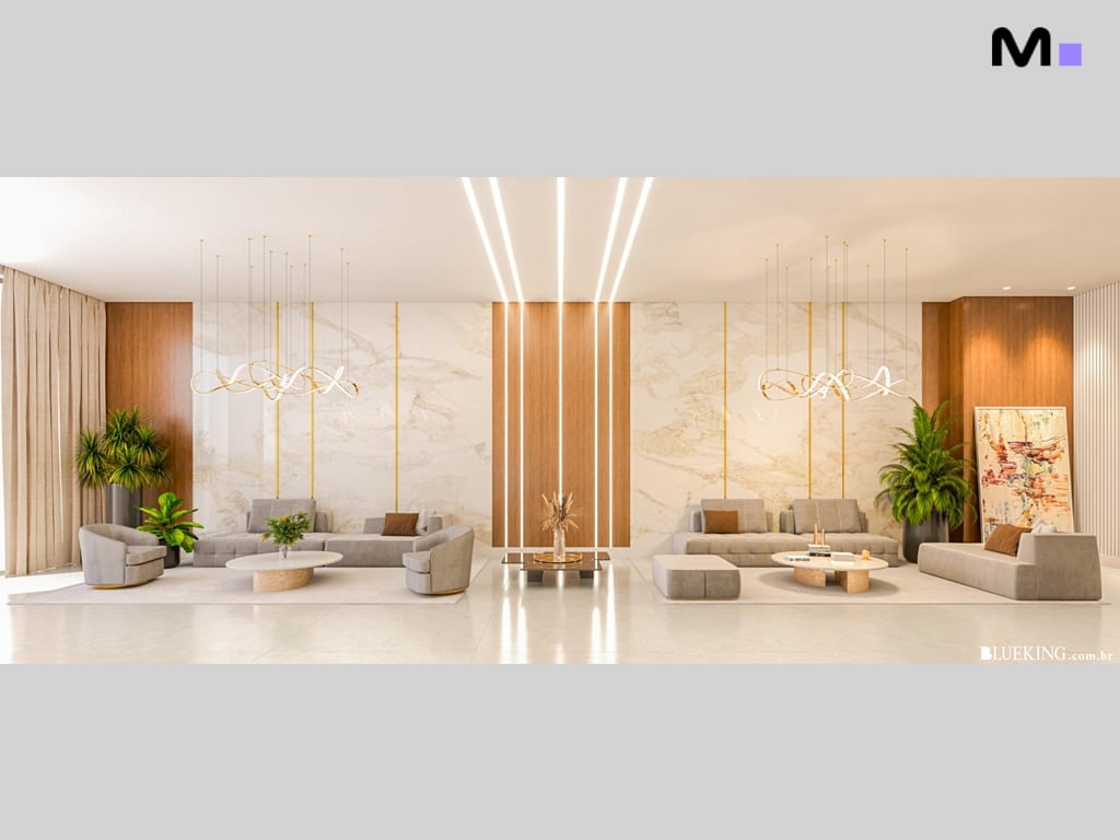 Lobby luxuoso do Queen Tower Residence com sofás e decoração elegante.