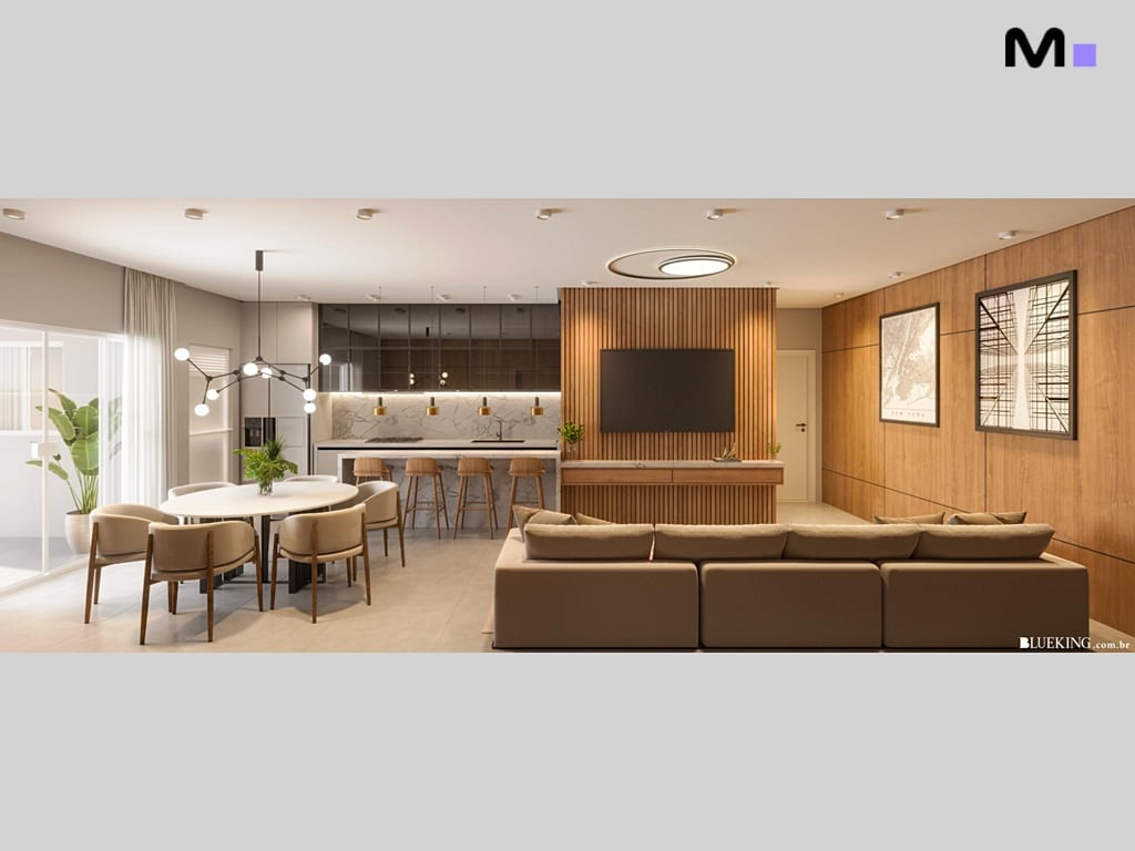 Sala de estar e jantar da Queen Tower Residence com sofá marrom e cozinha moderna.