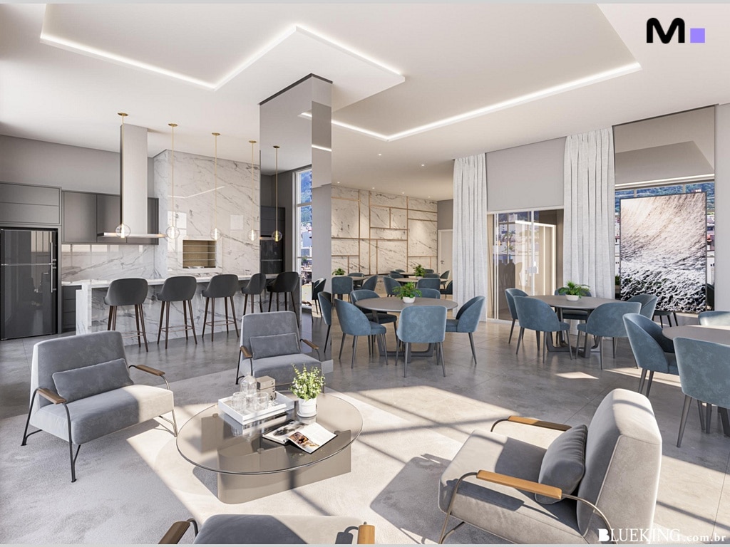 Interior moderno do Queen Tower Residence com sala de estar e cozinha integradas.