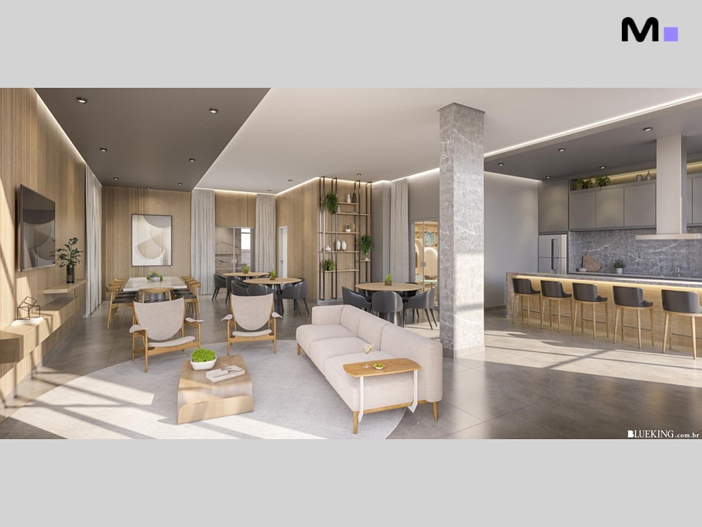 Interior moderno e amplo do Queen Tower Residence, com sala de estar, jantar e cozinha integrados.