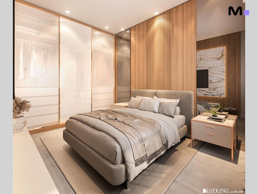Quarto moderno com cama queen size e armário embutido.