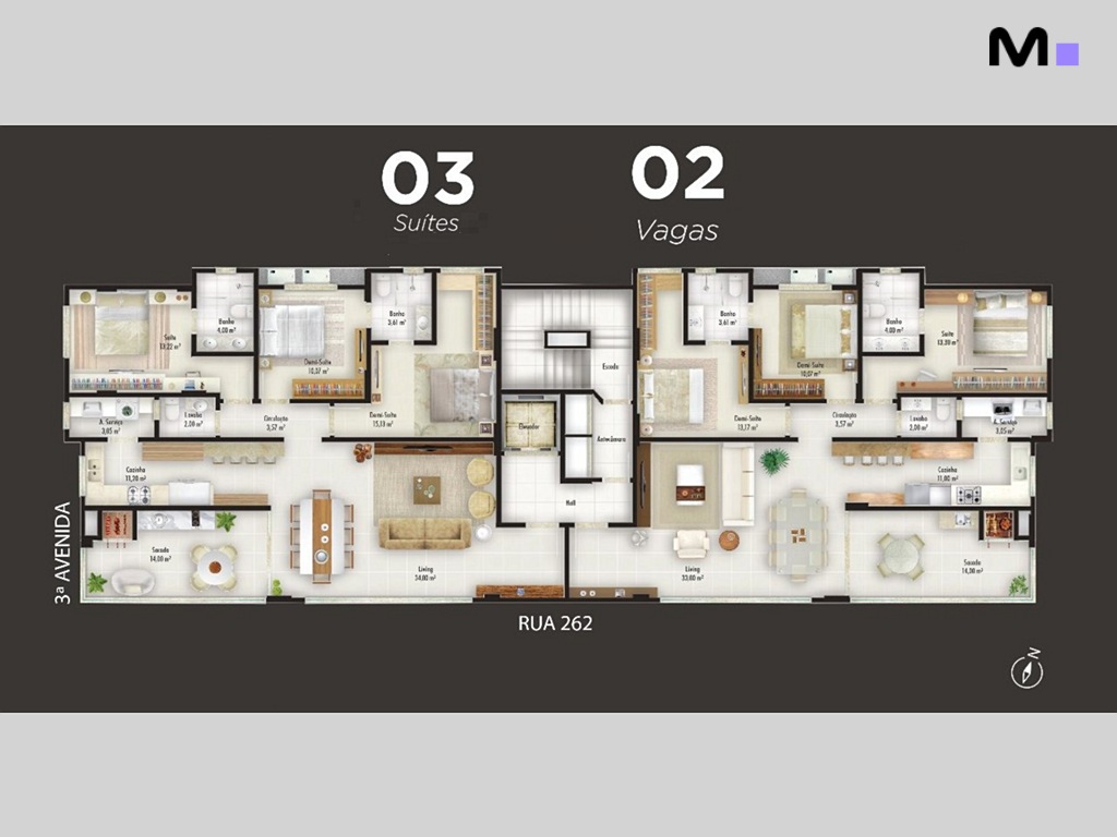 Planta baixa do Realta Residence com 3 suítes e 2 vagas de garagem. Detalhes da arquitetura e layout.