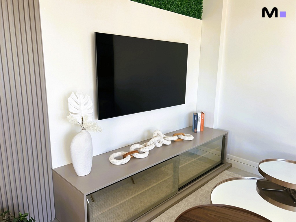 Sala de estar moderna com TV, móvel baixo, decoração minimalista e painel ripado. Realta Residence.