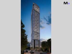 Vista externa da Aurum Tower Residence, imponente arranha-céu moderno.