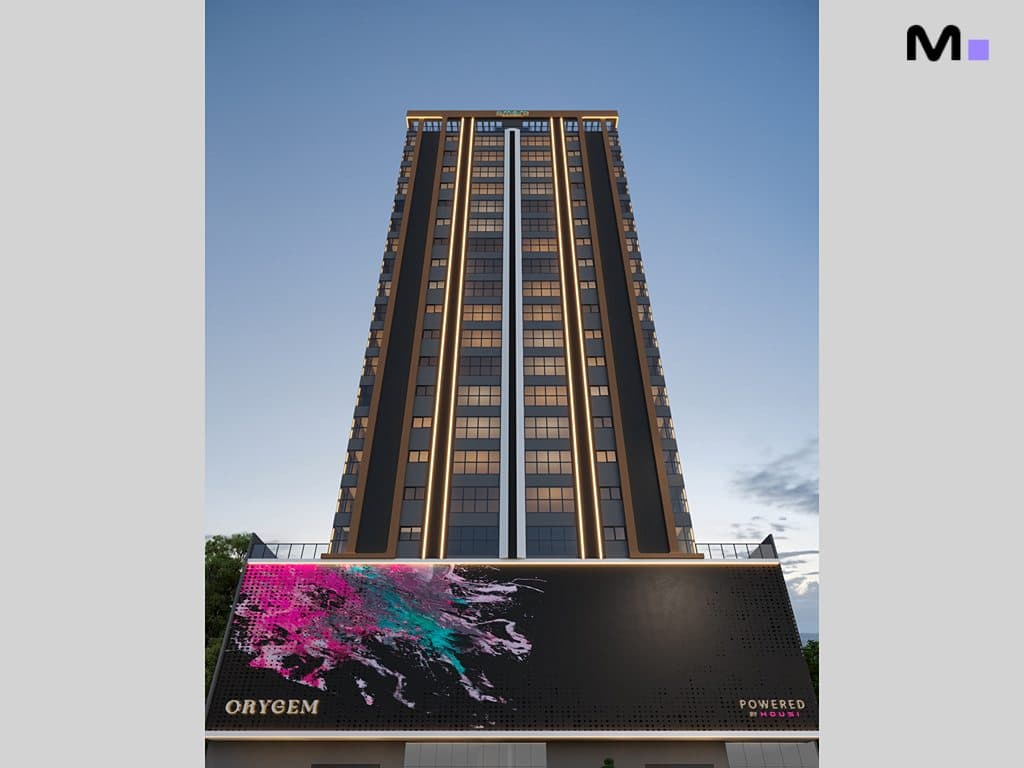 Edifício Orygem Powered by Housi, com fachada moderna e arte vibrante. Arquitetura imponente.