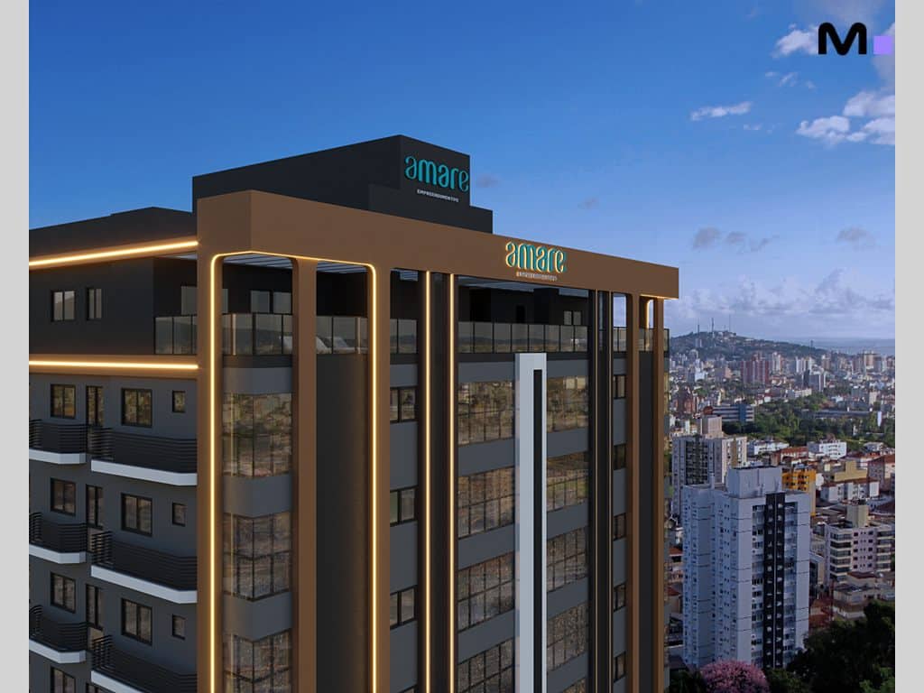 Edifício moderno Amare Empreendimentos com vista da cidade. Arquitetura contemporânea.