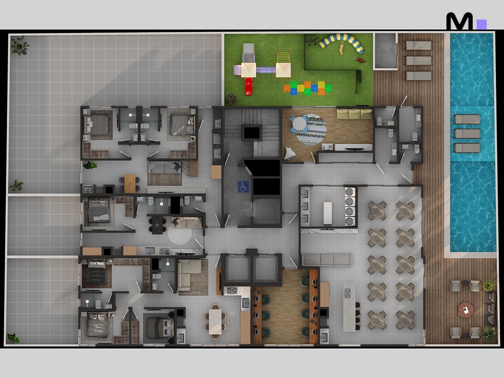 Planta baixa de apartamento com piscina, área de lazer e design moderno. Orygem Powered by Housi.