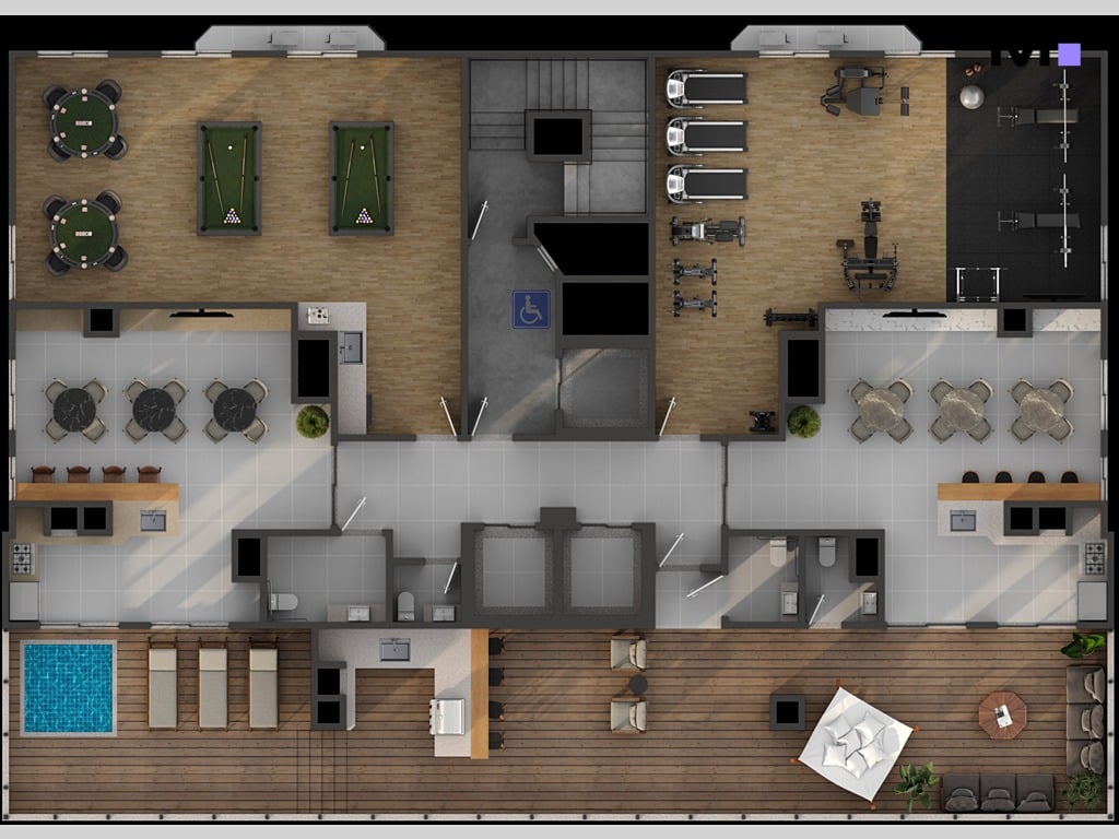 Planta baixa de áreas de lazer com piscina, academia, salão de jogos e espaços de convivência. Orygem powered by Housi.