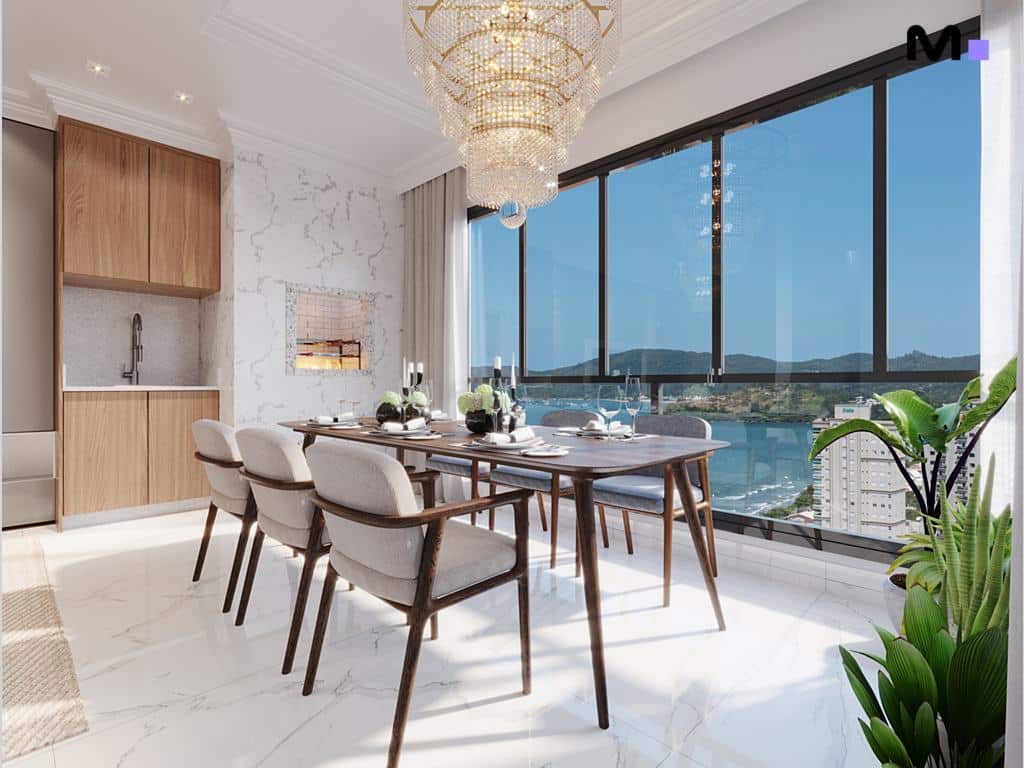 Sala de jantar moderna com mesa, cadeiras e vista panorâmica para o mar. Decoração elegante e luminosa.
