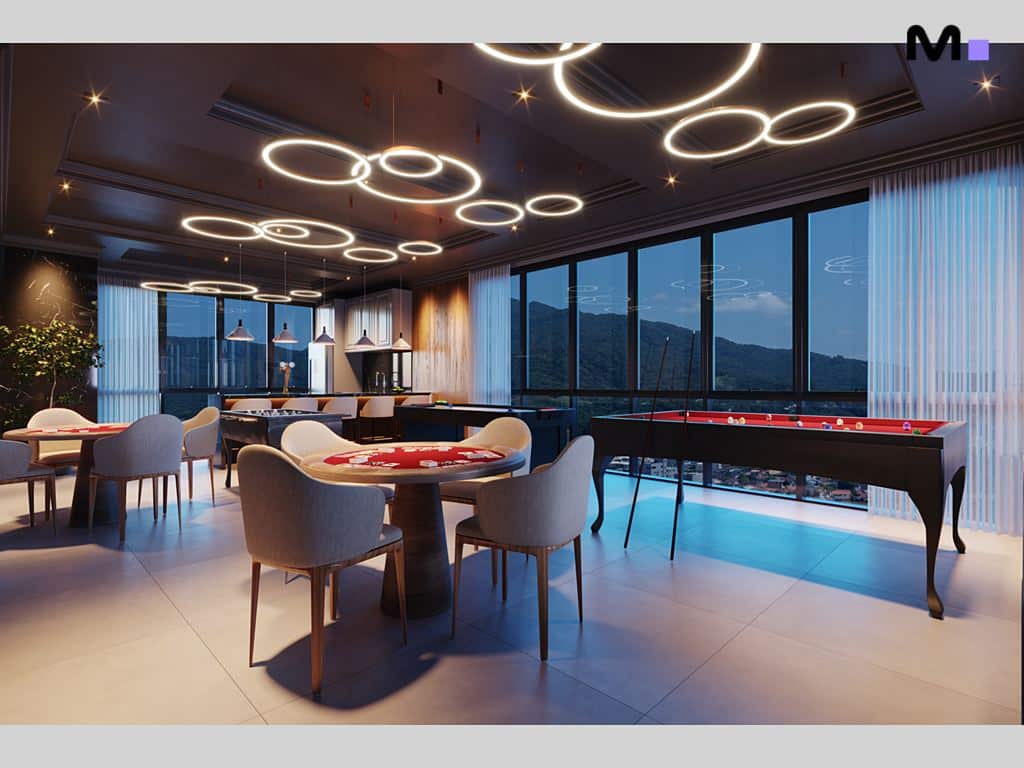 Sala de jogos moderna com mesa de bilhar e mesas de carteado.