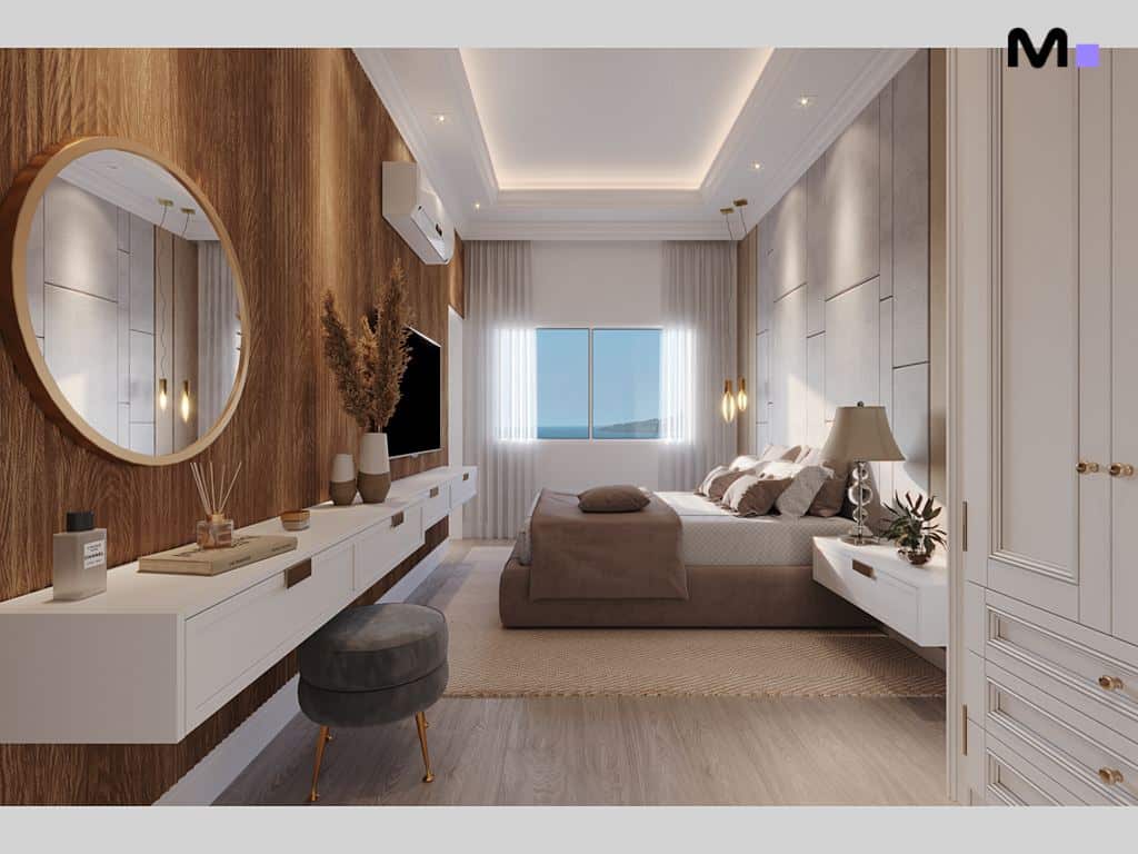 Quarto moderno e elegante com cama marrom, espelho redondo e detalhes em madeira.