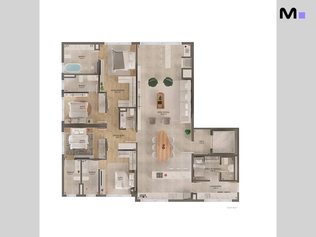 Planta baixa do Lagom Perequê Residence, mostrando a disposição de suítes, área social e lavanderia.