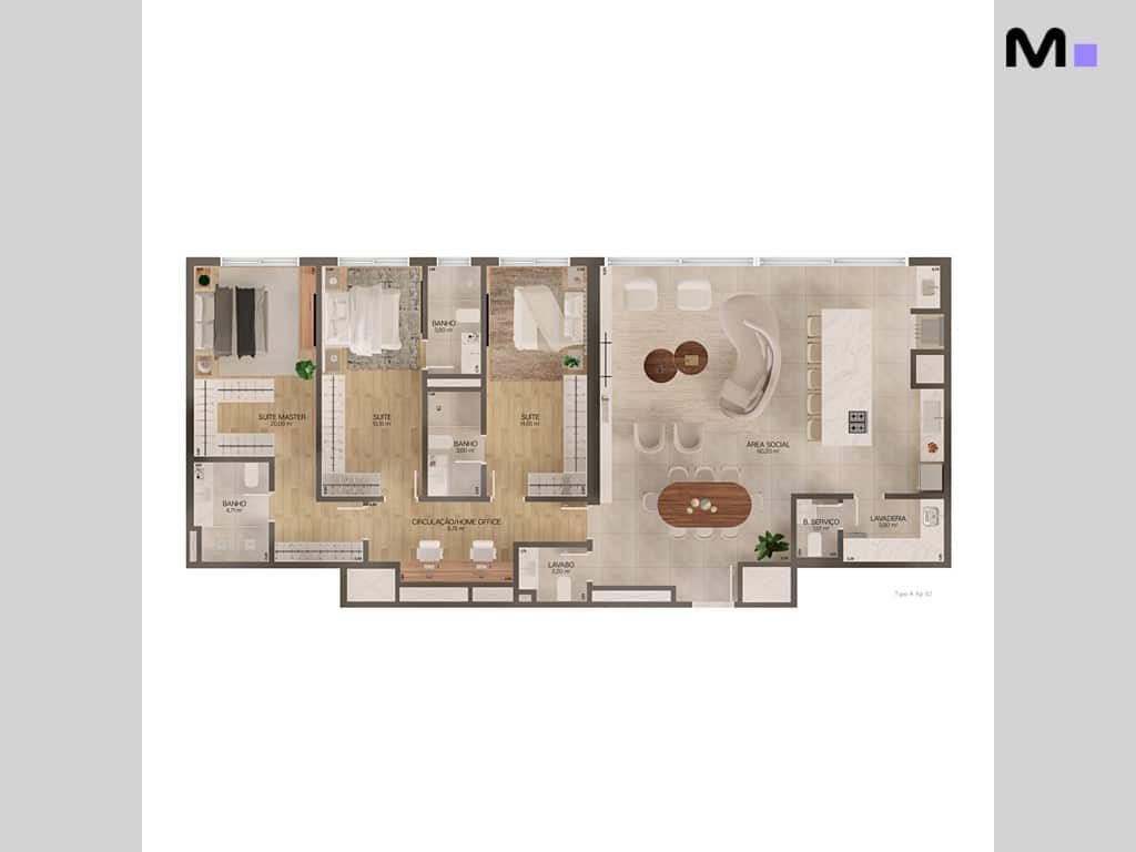 Planta baixa do Lagom Perequê Residence: suíte master, quartos, área social e lavanderia. Tipo A Ap 02.