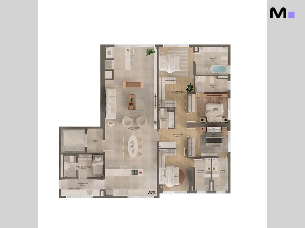 Planta baixa da Residência Lagom Perequê, mostrando a disposição dos cômodos e áreas.