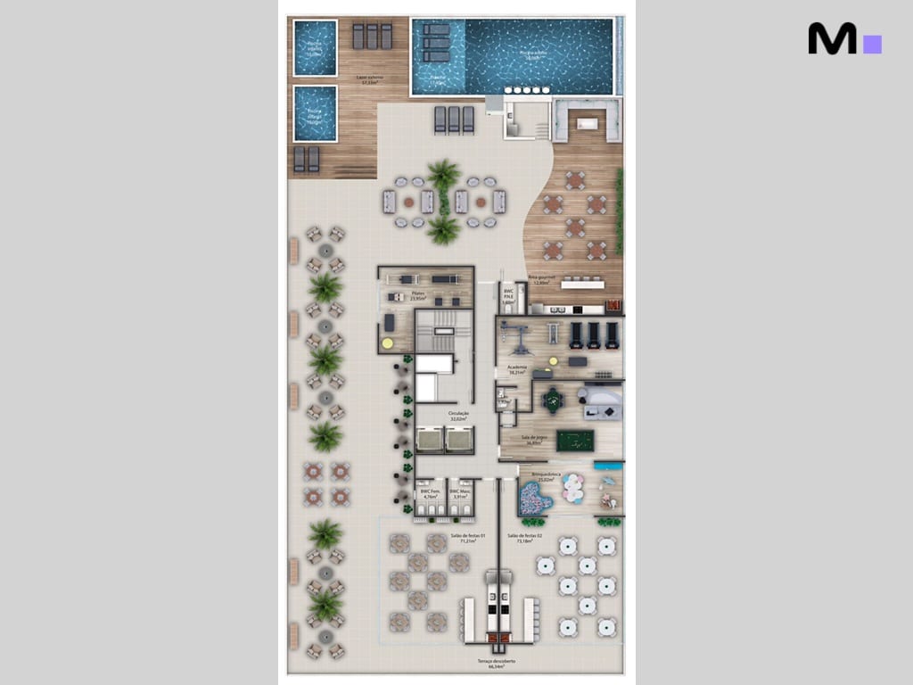 Planta do Platja D'en Bossa Residence: piscina, academia, salão de festas e terraço. Design moderno.