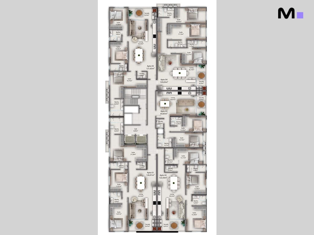 Planta baixa da residência Platja D'en Bossa, mostrando layouts de apartamentos.