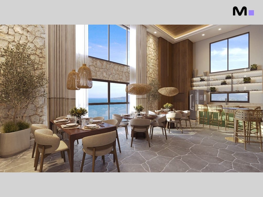 Sala de jantar moderna e iluminada com vista para o mar, design Maori Home Residence.